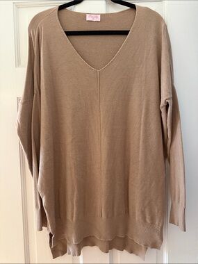 Pink Lily Beige V-Neck Oversized Sweater